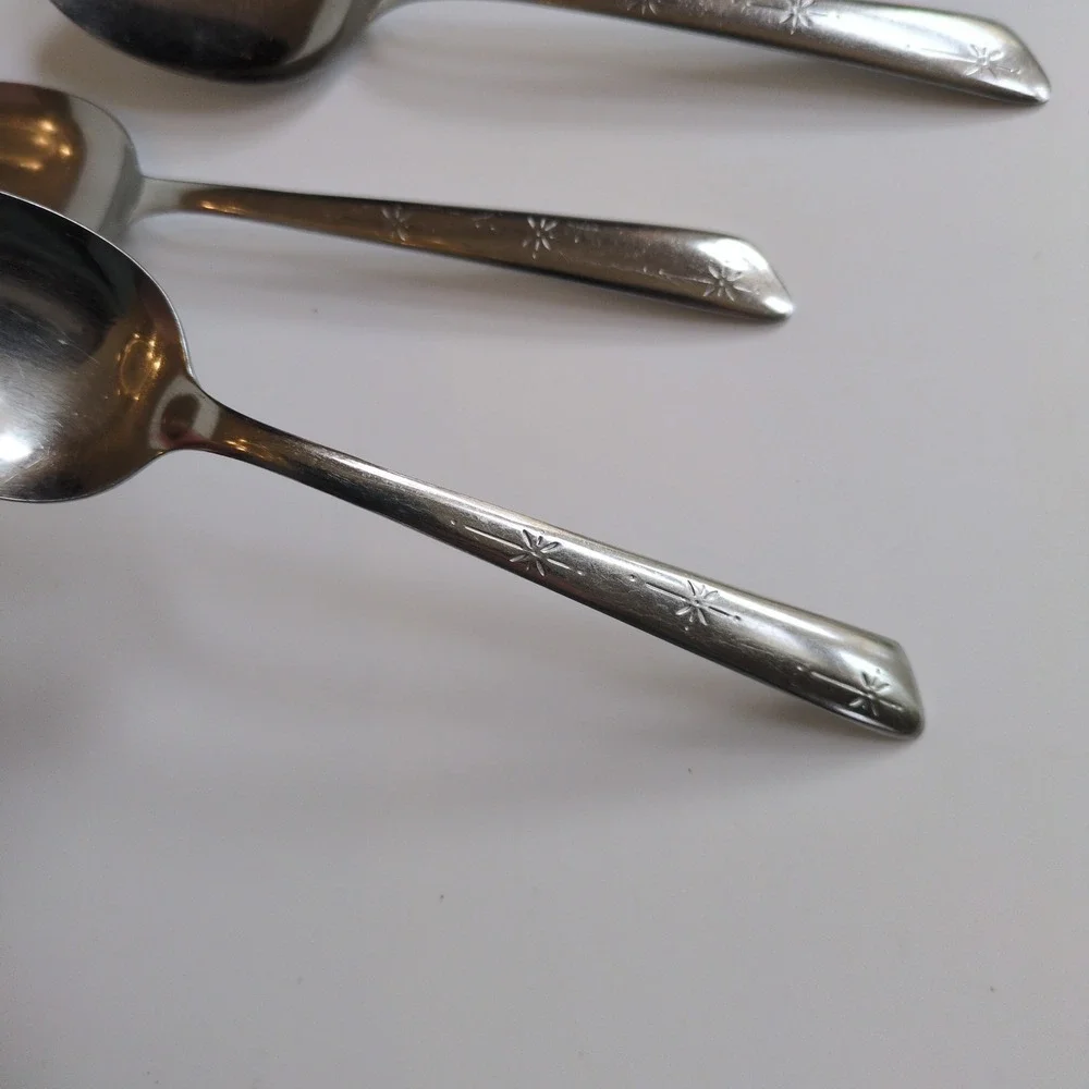 Vtg MCM Starburst Silco Stainless Silverware Large Spoons (4) USA Flatware